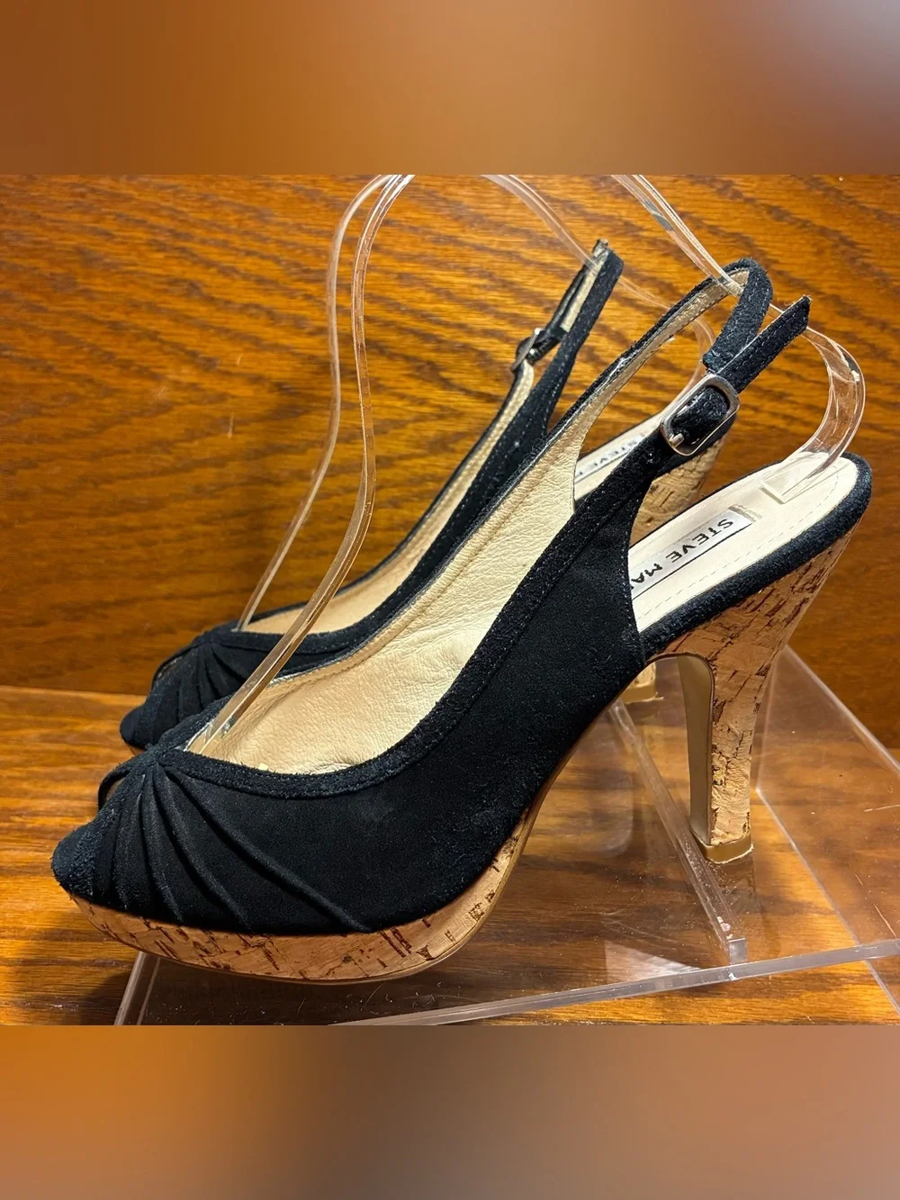 Y2K Steve Madden Cork Platform Slingback Peep Toe Heels Black Suede Size 8